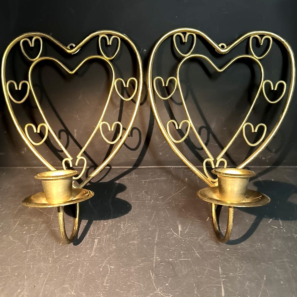 1287. Set of 2 Brass Heart Shaped Candle Sconces